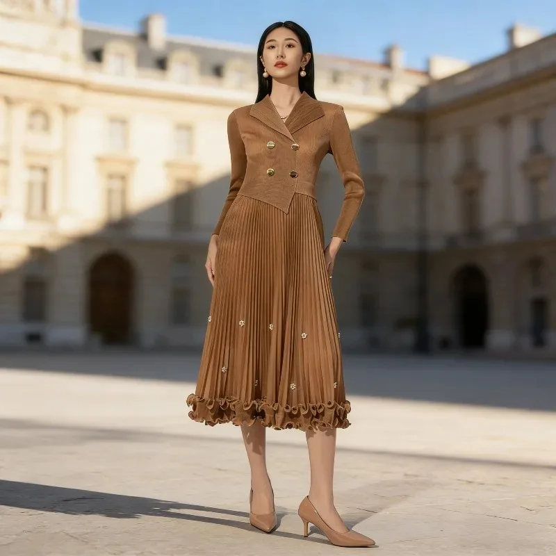 Miyake Fashion Dress 2026 New Pleated Fashion Lace Long-sleeved Suit Collar Commuter Waisted Large Size Elastic Long Dresses