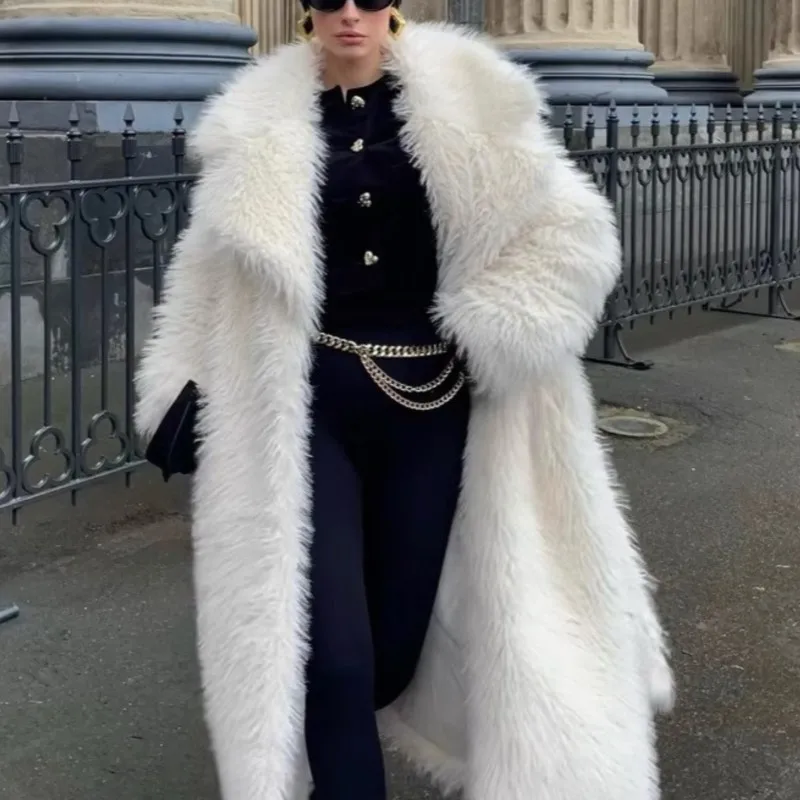 

2025 женское длинное пальто из искусственного меха, белое утепленное элегантное меховое пальто, зимняя теплая плюшевая пушистая куртка, модные зимние меховые пальто