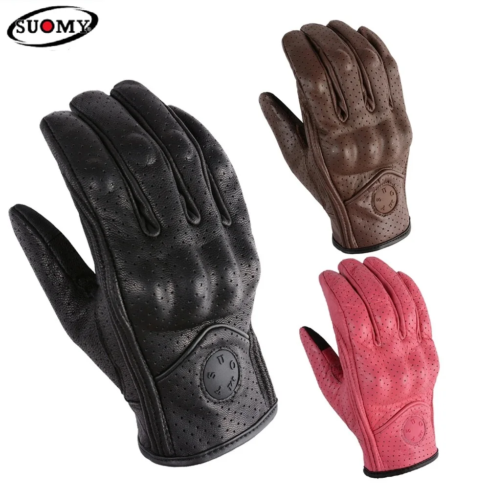 

High Quality SUOMY Genuine Leather Perforated Motorbike Gloves Retro Summer Breathable Touchscreen Motocross Racing Street Glove