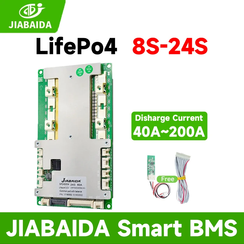 JIABAIDA 8S 24V BMS LiFePo4 10S 13S 14S 16S 48V 20S 21S 24S Lithium Battery 40A 60A 120A 150A 200A 80A100A JBD Smart BMS BT  CAN