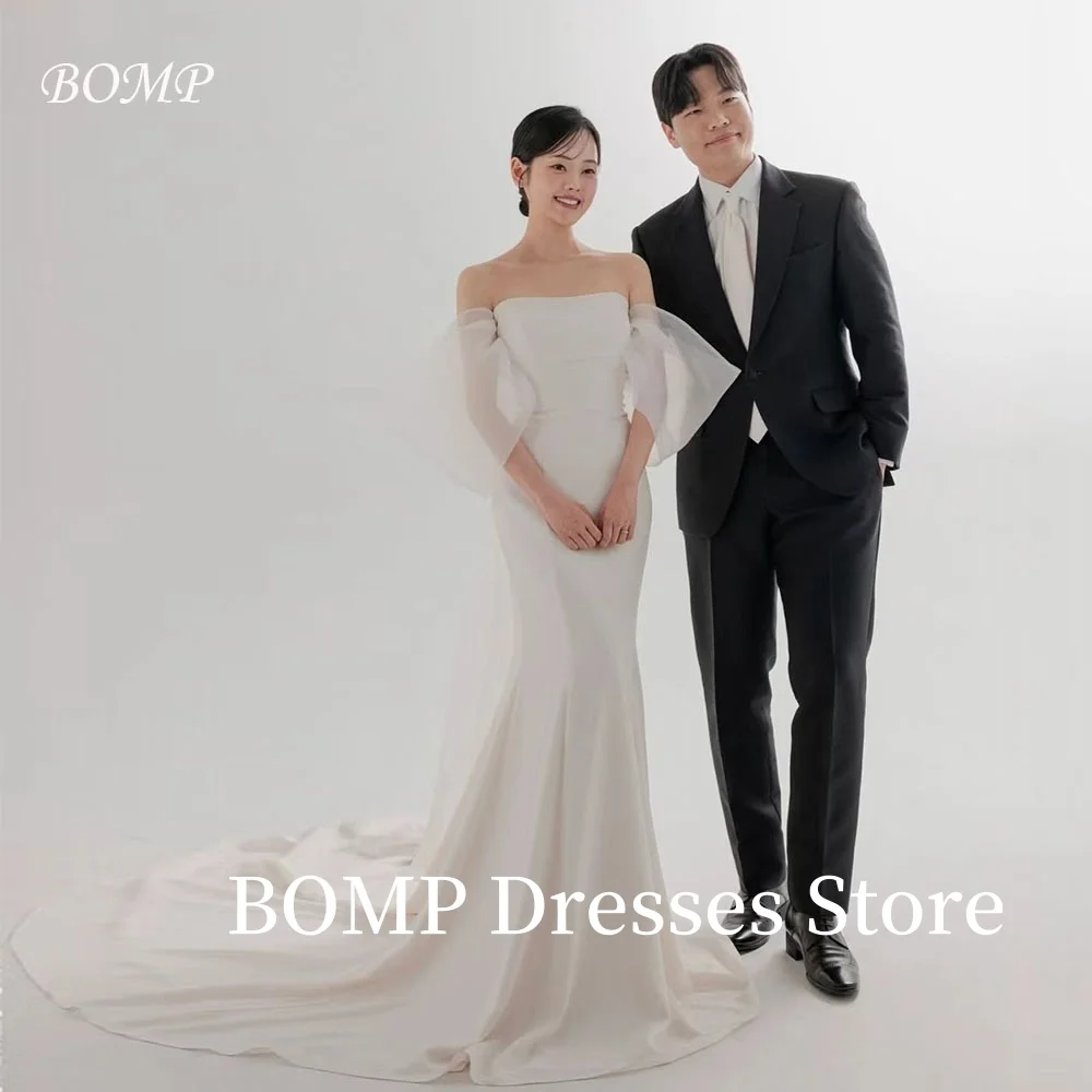 

BOMP Simple Off Shoulder Korea Ivory Mermaid Wedding Dresses 웨딩드레스 Satin Short Sleeves Customized Pretty Bride Party Gowns
