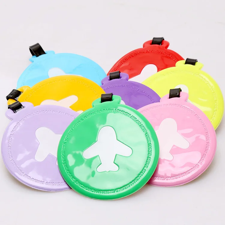 Mini avion rond en forme de bonbons pour documents, étiquettes à bagages, carte d'embarquement colorée en PVC, étiquettes d'enregistrement de bagages