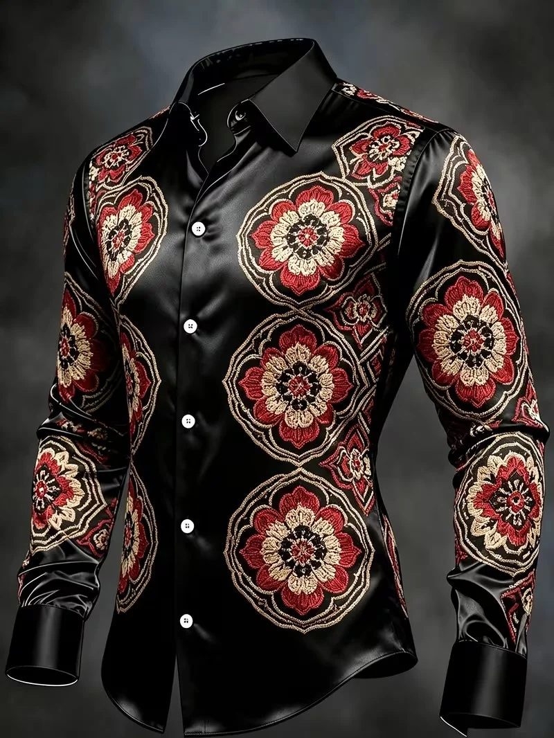 New black and white gradient Kingdee glitter print long sleeved shirt, light luxury men's casual commuting party shirt