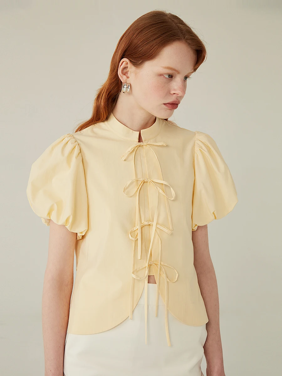 

Летняя тонкая женская блузка с высокой талией, воротником-стойкой и узлом, из лайкоткелла и хлопка