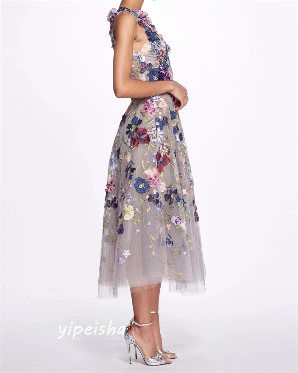 Robe de soirée en tulle froncée à fleurs, robes mi-longues décontractées, robe de soirée formelle, ligne A, col haut, occasion sur mesure, sexy