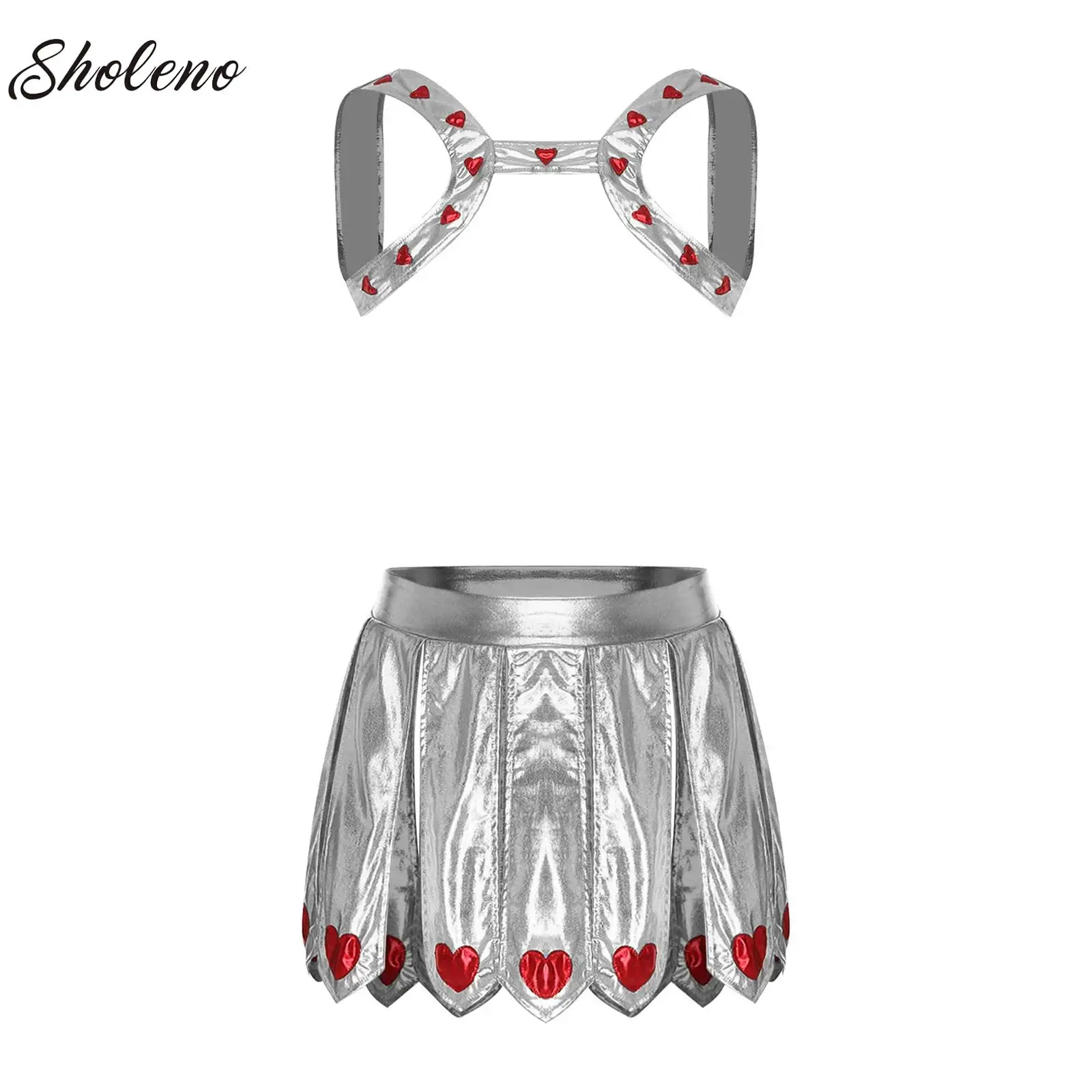 

Cupid Cosplay Uniform Adults Mens Heart-embellished Chest Harness with Slit Skirt Metallic Set for Halloween Themed Party