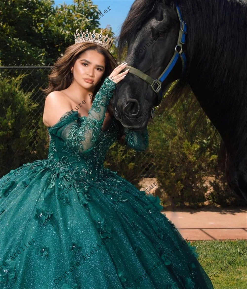 Vestido de quinceañera con cuentas 3D, manga de tres cuartos, hombros descubiertos, flores, vestido de baile para niña, vestido de novia dulce 15 16