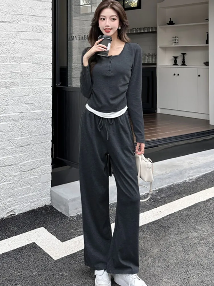 Y2K High Street Two Piece Set Tracksuit Women Long Sleeve Top Drawstring Wide Leg Pants Korean Fashion Solid Slim Casual Outfits