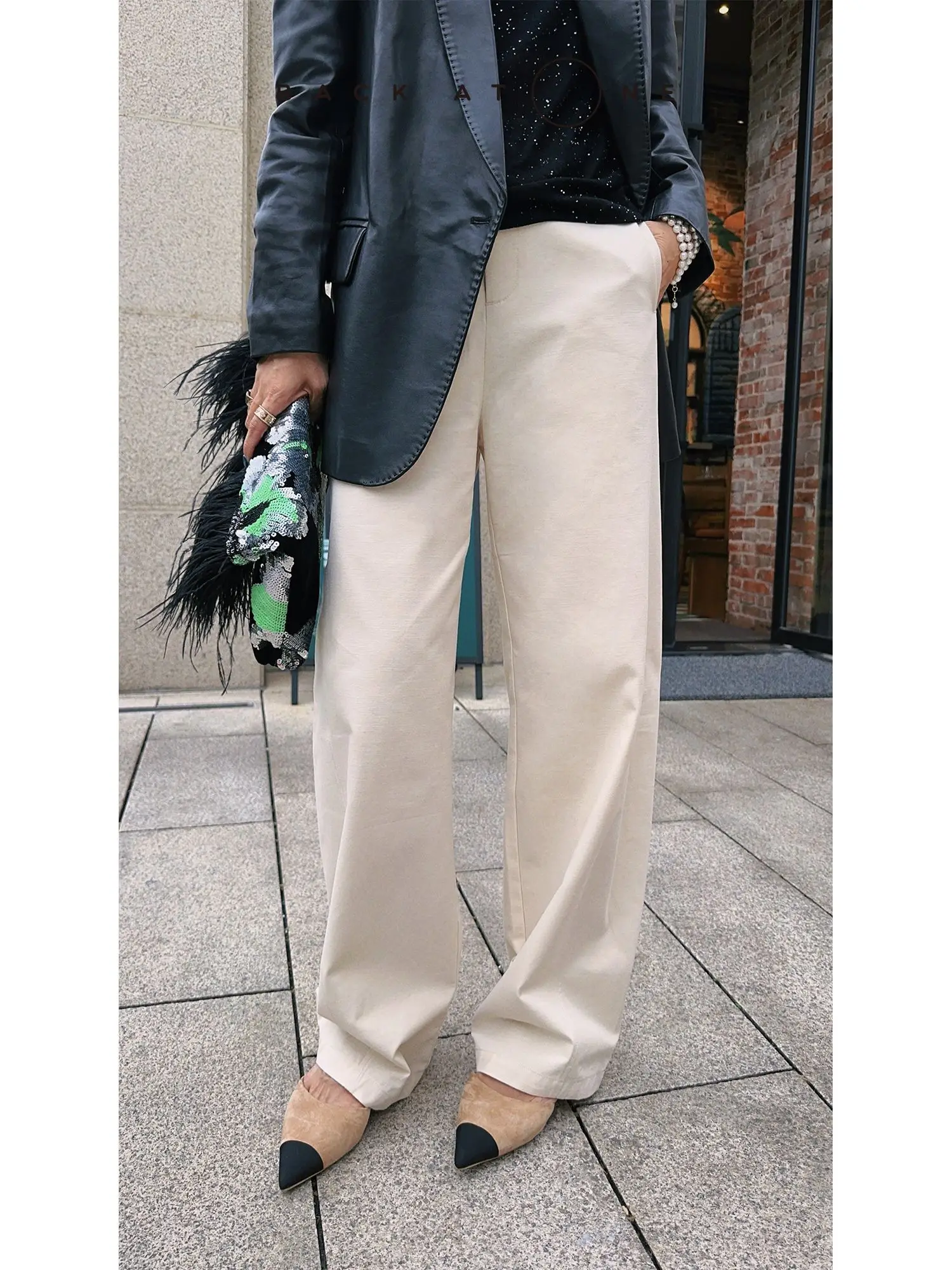 

Slimming Casual Faionable Beige Knife- Pants Long Cotton 00% Spring 2025 Baatone BES2BI70LK Tang Jia Ling