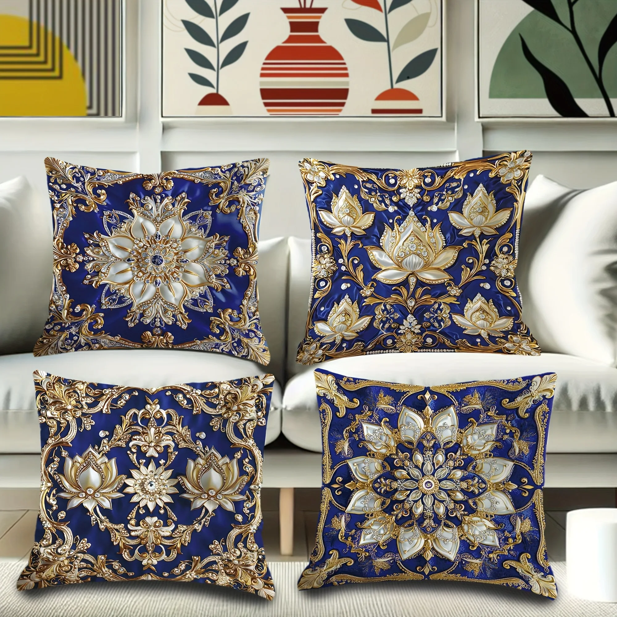 Luxurious royal blue and gold gorgeous floral pattern pillow cover, living room sofa chair cushion cover, room decoration