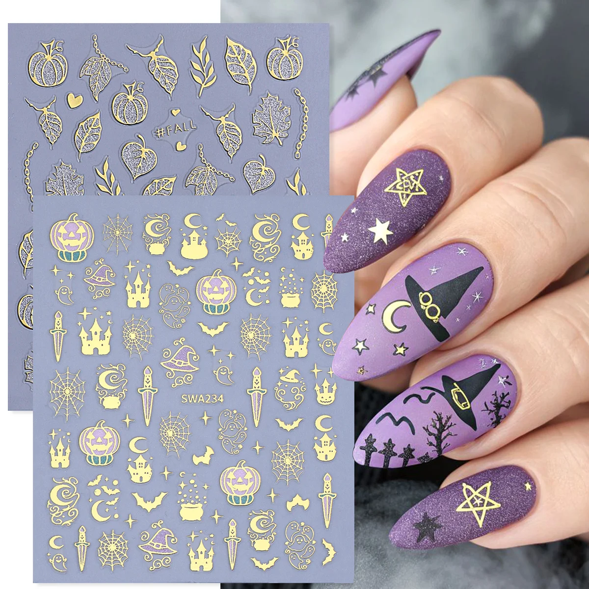 2 Stück Bronzefarbene Halloween Magische Nagelglitzer-Aufkleber Schloss Zaubererhut Geist Kürbis 3D Klebefolien Feiertags-Maniküre-Dekorationen – Detail 2