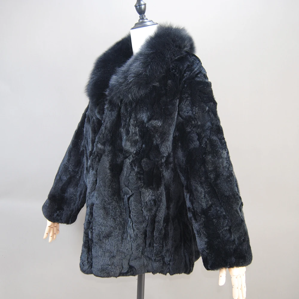 2024 Luxury Women Winter Thick Real Rex Rabbit Fur Coat Lady Warm Quality 100% Genuine Rex Rabbit Fur Jacket With Fox Fur Collar