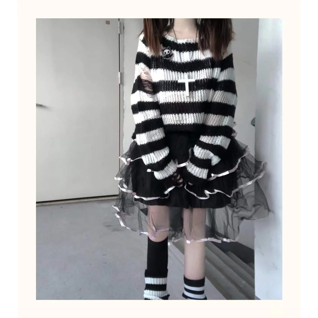 Y2K Pink Striped Gothic Sweaters Women Ripped Holes Loose Knitted Pullover Frayed Fairy Grunge Jumpers Emo Streetwear Lolita