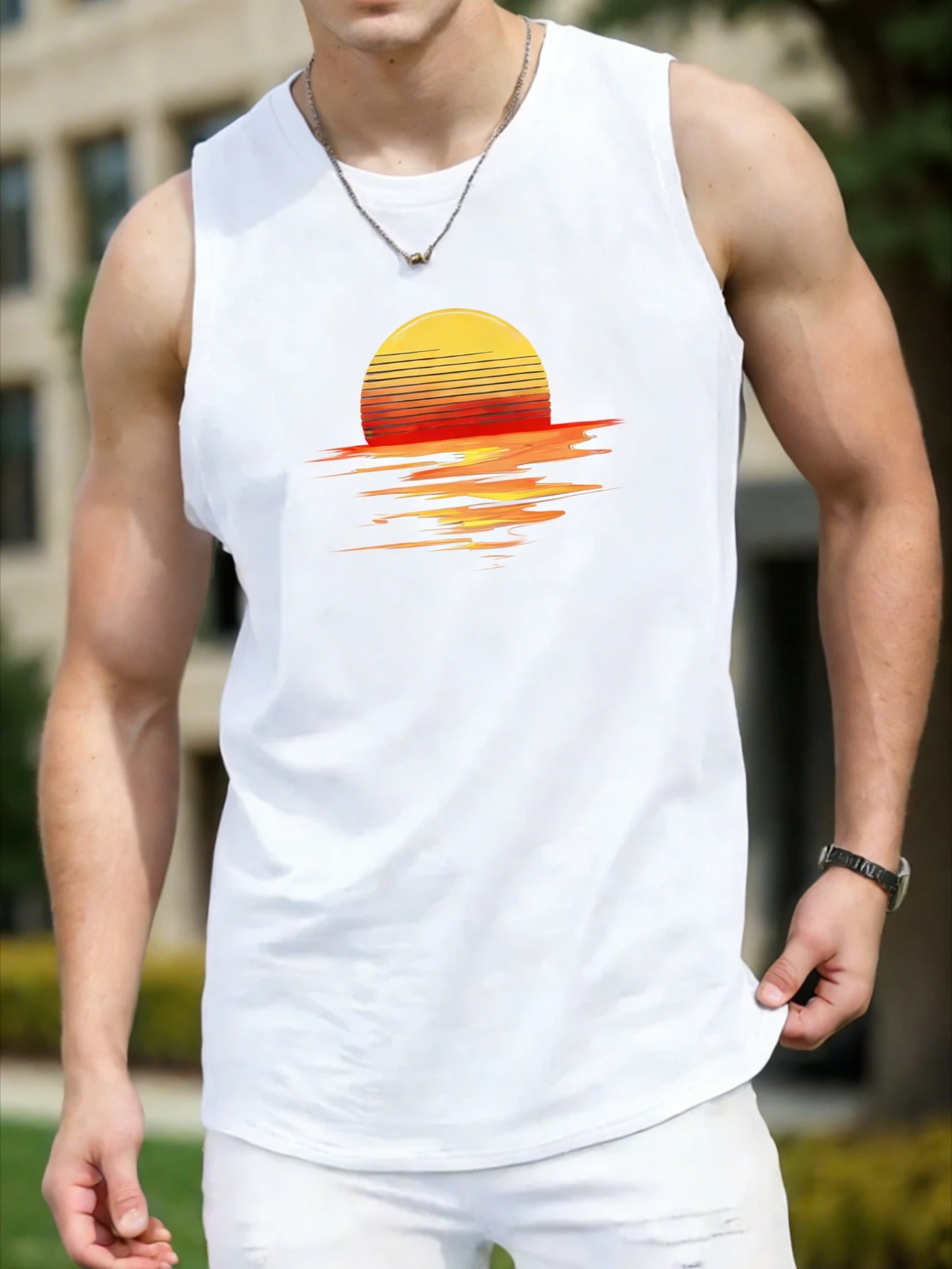 

Men's standard size vest with sunrise and sunset design print. Men's blazer vest. Men's vest.