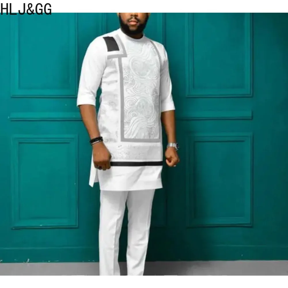 

HLJ&GG African Clothing Style Man's Printing Shirts And Pants 2 Piece Suits Traditional Outfit National Style 2 PCS Sets for Man