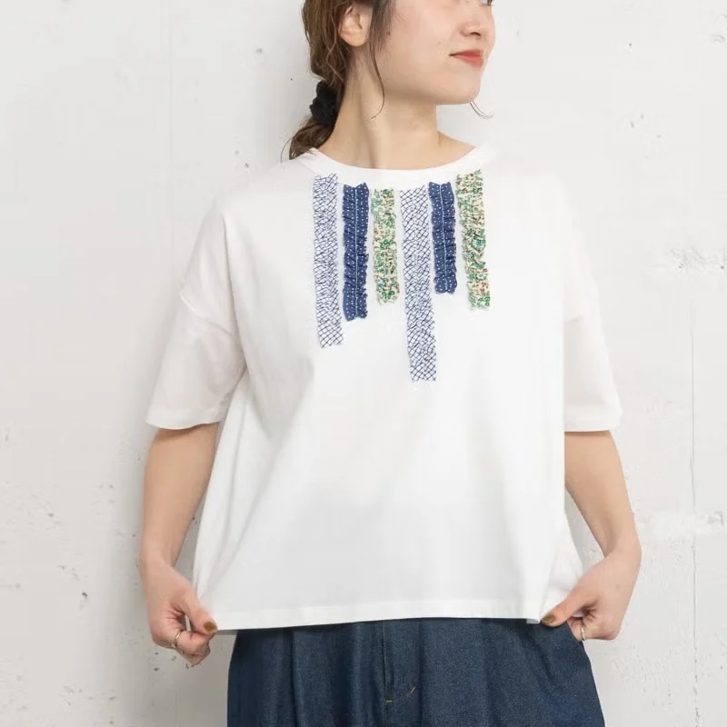 

New 2026 Summer Pure Cotton Casual Style Women's T-shirt Short Sleeve round Neck Color Block Design Mushroom Pattern Top