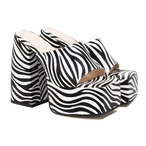 Ochanmeb Chic Chunky Square High Heels Women Zebra Sandals Gothic Thick Platform Square Open Toe Slippers Lady Slides Party Mule