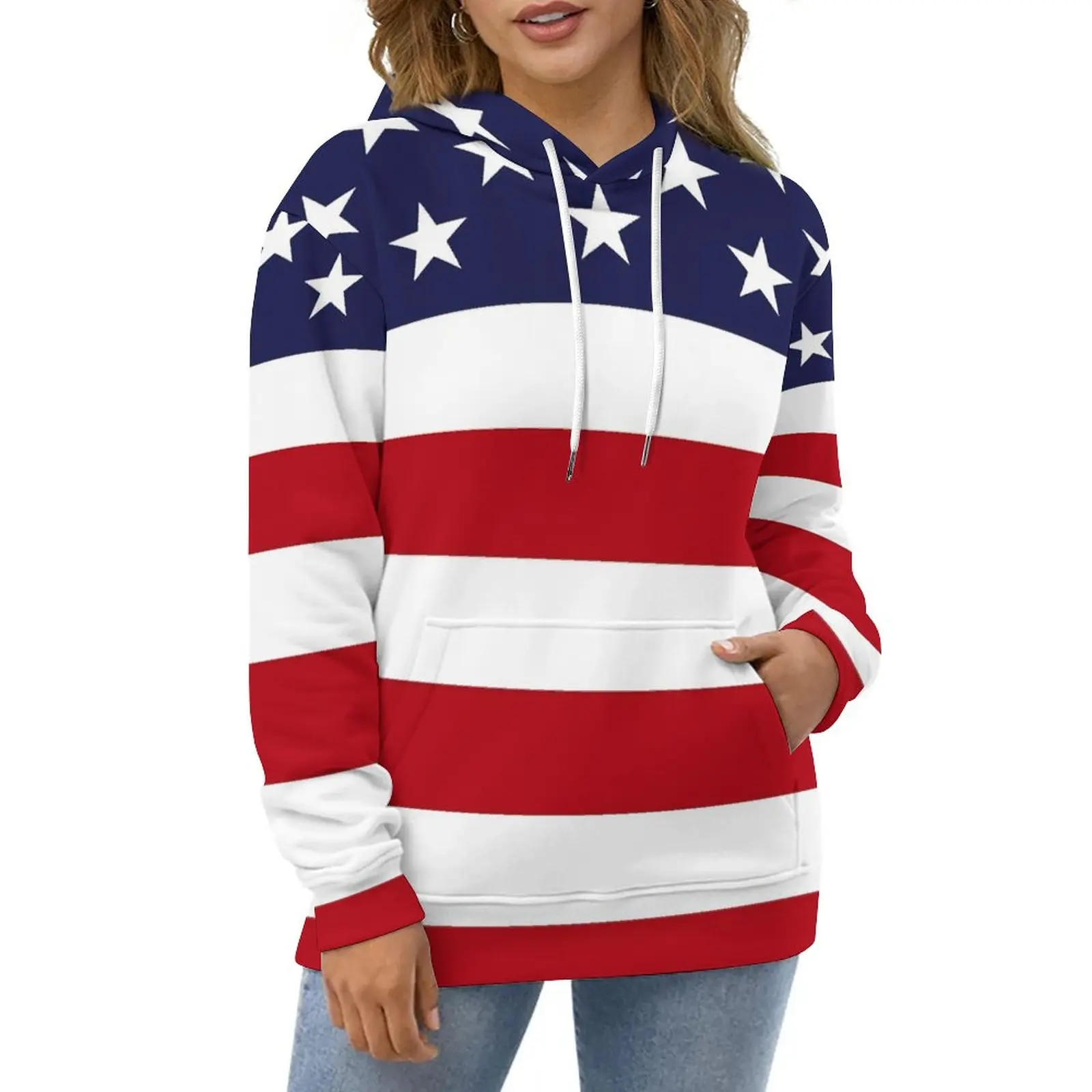 American Flag Hoodies White Stars Print Classic Casual Hoodie Long Sleeve Trendy Design Sweatshirts Gift Idea