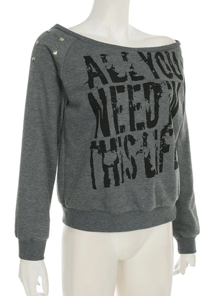 Y2k Felpa con cappuccio con colletto obliquo con rivetti estetici da donna Felpa con cappuccio streetwear con stampa di lettere scure Harajuku Felpe vintage allentate casual