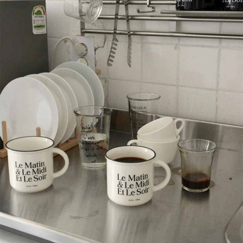 Coffee Mug Korean Style French Ceramic Handle Mug Milk Coffee Cup Letter Water Cup  Ceramic Cup Black And White Cup