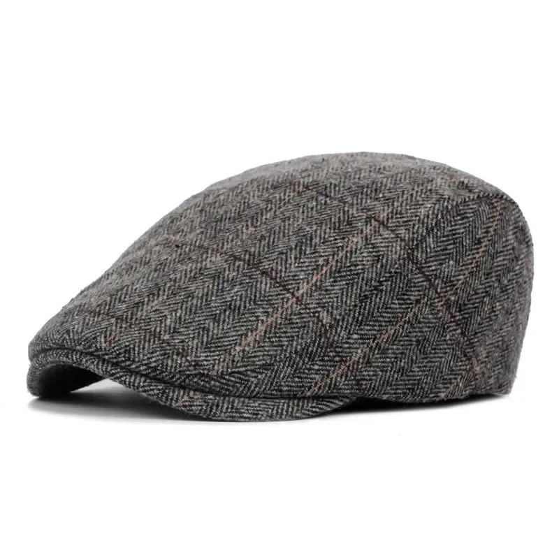 Men\'s  Hats Autumn Winter British Western Style Striped Berets Caps Warm Wool Advanced Flat Ivy Cap Vintage Beret for Men