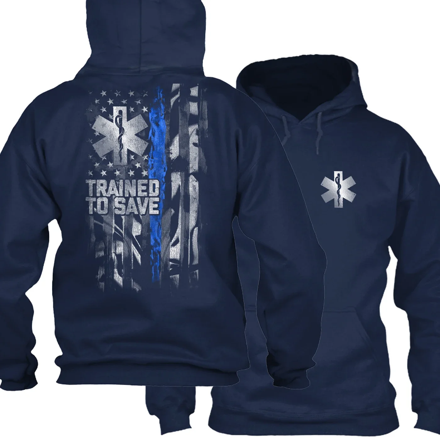 Trained To Save - USA Flag Star of Life Medical Paramedic Pullover Hoodie New 100% Cotton Comfortable Casual Mens Sweatshirts