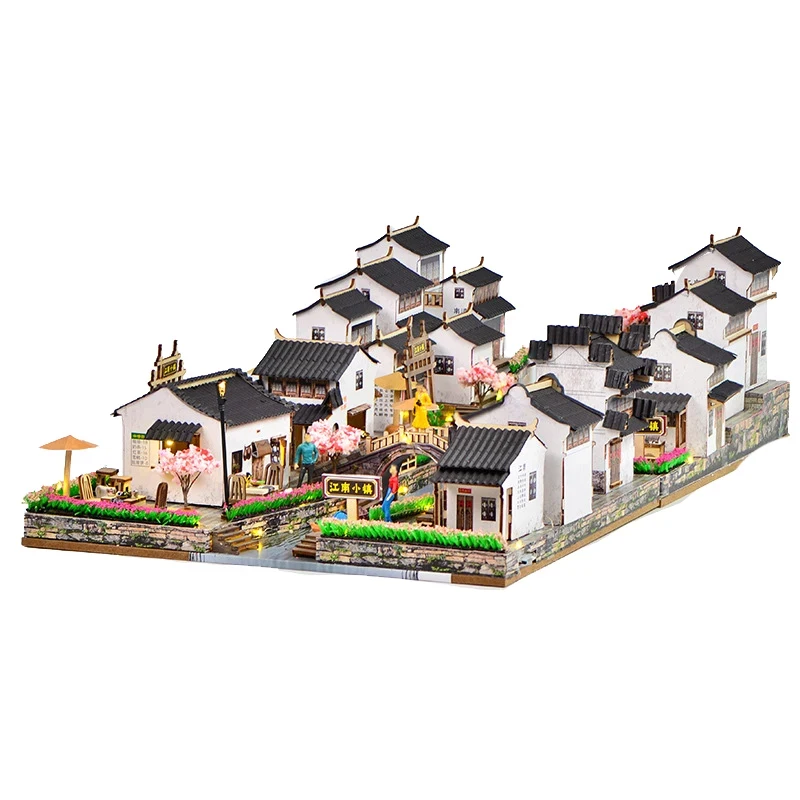 

OUZEY Wooden Jiangnan Water Town Chinese Street View DIY Miniature Model Kits with Furniture Dollhouse Friends Birthday Gifts