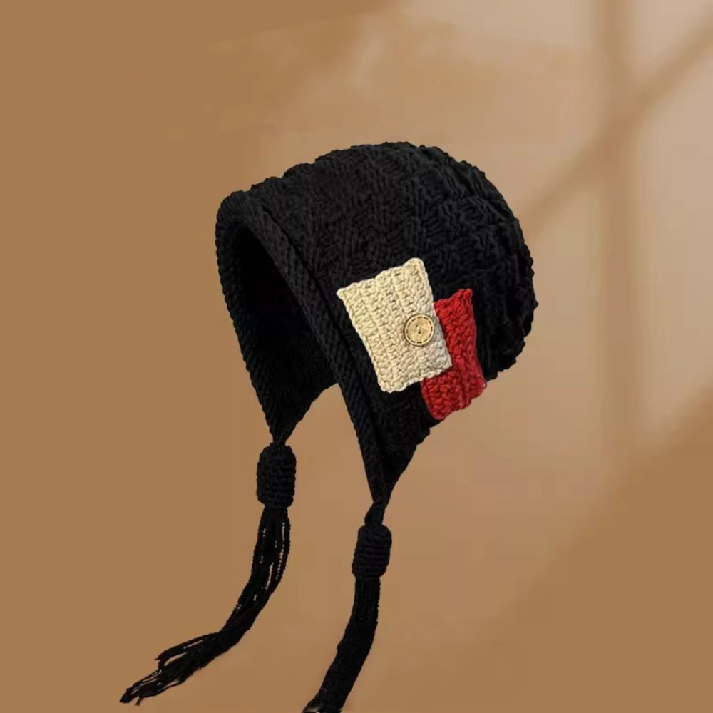 

New Tassel Lei Feng Hat Autumn And Winter Handmade Knitted Hat Pullover Warm Woolen Hat Versatile Ear Protection Hat