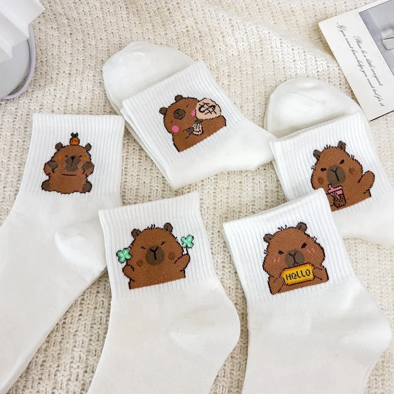 Autumn Winter Women's Socks Cartoon Cute Capybara Combed Cotton Girls Socks Fashion Funny Solid Color Simple Mid-tube Wholesale