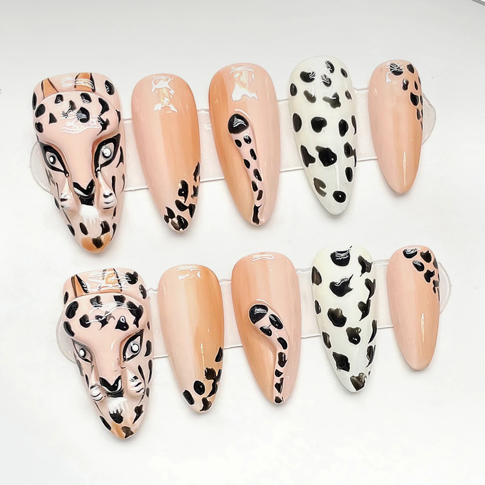 10pcs Handmade Press On Nails Hand Painted 3D Leopard False Nails Full Cover Glossy Wearable Manicur Art For DIY Fake Nail Tips