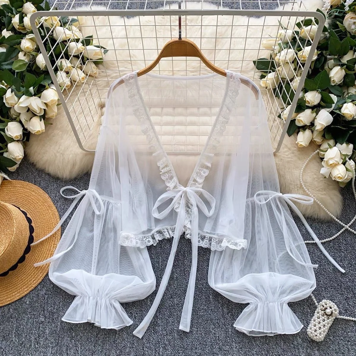 Sweet Style Lace Splice Lantern Sleeve Mesh Jacket Women's Summer New Thin Transparent Sun Protection Open Cardigan Fashion