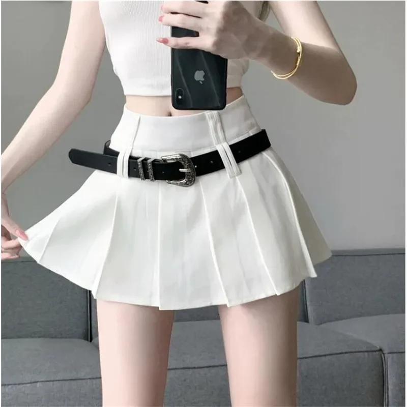 Women Black White Belted Super Short Pleated Skirt Hotsweet Y2k Girls Sexy Nightclub Dancing Skirt Fashion Slim High Waist Skirt