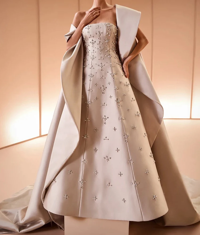 Vestido de noche de cristal con chal de satén exquisito personalizado, vestidos de fiesta hasta el suelo sin tirantes de alta calidad