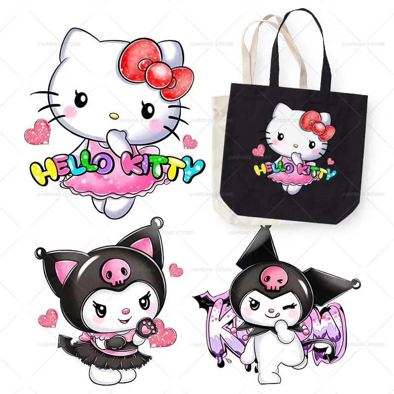 Kawaii Hello Kitty Printed Stickers Iron on Heat Transfers for Clothes Cartoon Kuromi Thermal on T-shirt  Bags Appliques Decor