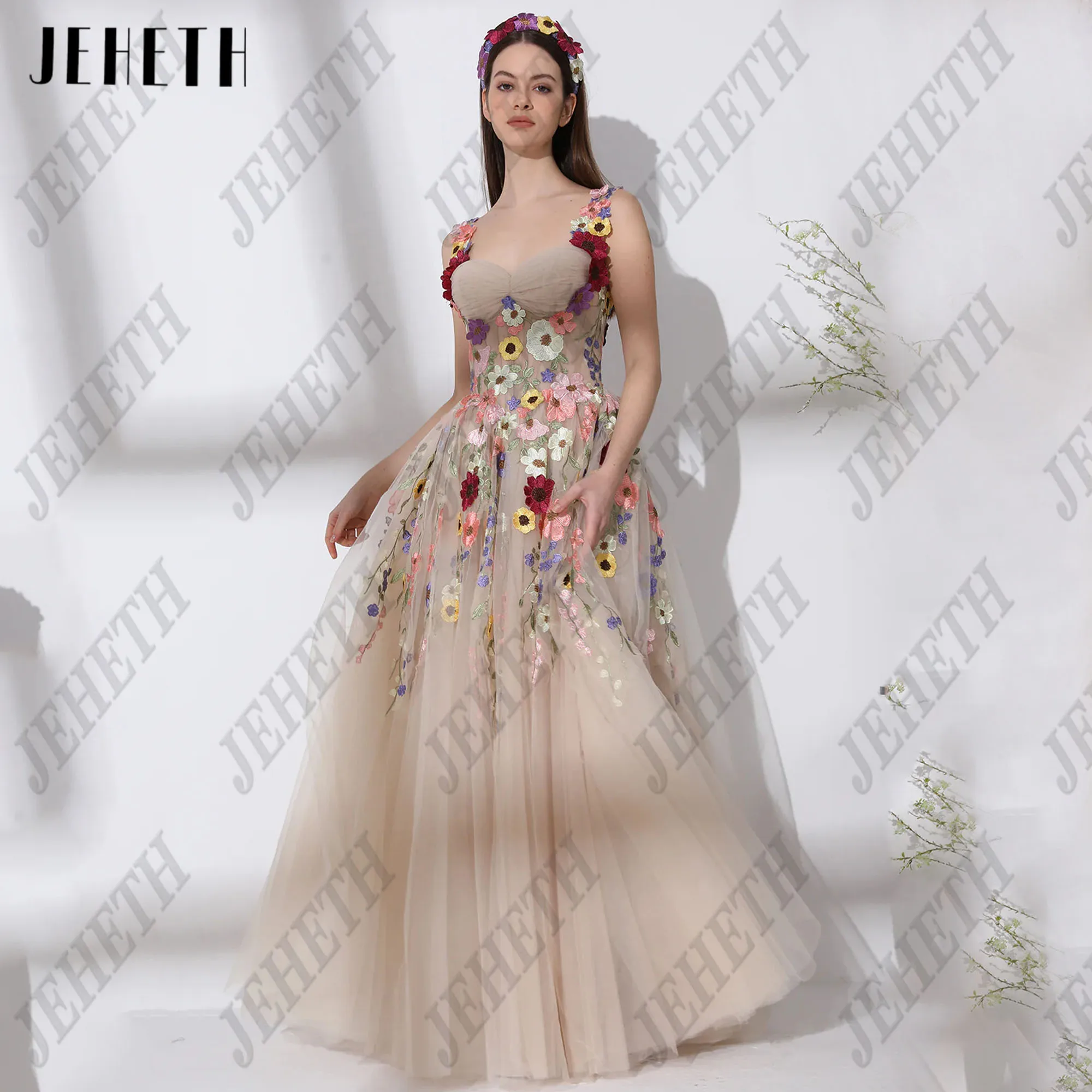 

JEHETH Elegant A-Line 3D Flowers Prom Dress Tulle Sweetheart Spaghetti Straps Evening Dress Corset Vestidos de noche Customized