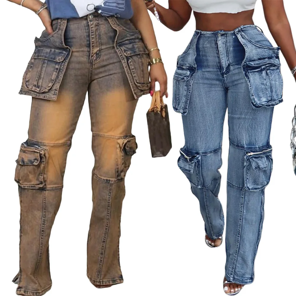 Fashion and Casual Splicing Multi-pocket Jeans High Waist Straight Trousers Vintage Light Washed Stretchy Denim Pants