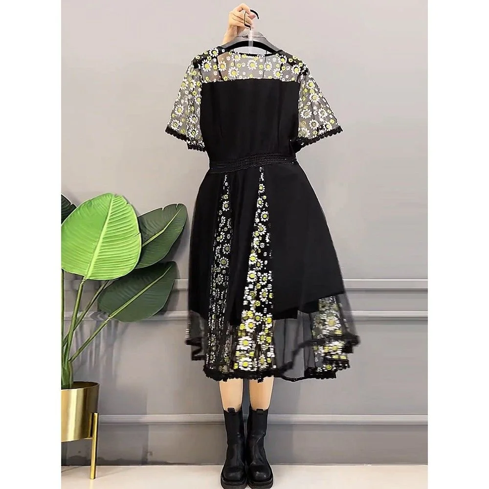 Fashion Mesh Stitching Dress Female Korean Slim High Waist Pullover Dress 2024 New Summer Thin Long Dresses Women's Clothing