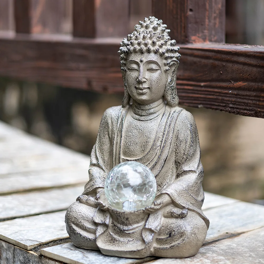 Vilead 27.5cm Buddha Sculpture with LED Light Meditating Zen Resin Figurines Patio Yard Lawn Ornament Interior Home Decor Garden