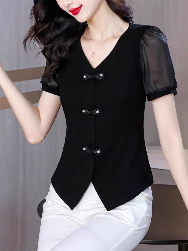 Cotton Black T-shirt Women\'s Summer New Short Puff Sleeve Fashion Top Vintage Buttons V Neck Split Pullover T Shirt