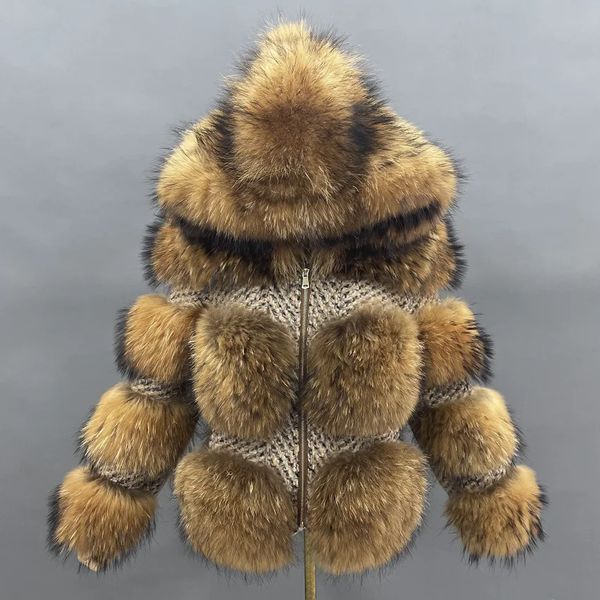 JANEFUR Women's Fur Coat Natural Raccoon Fur Woolen Jackets Hooded Fur Coat Fashion Luxury Warm Tweed Coats JFB2-22002 view 4