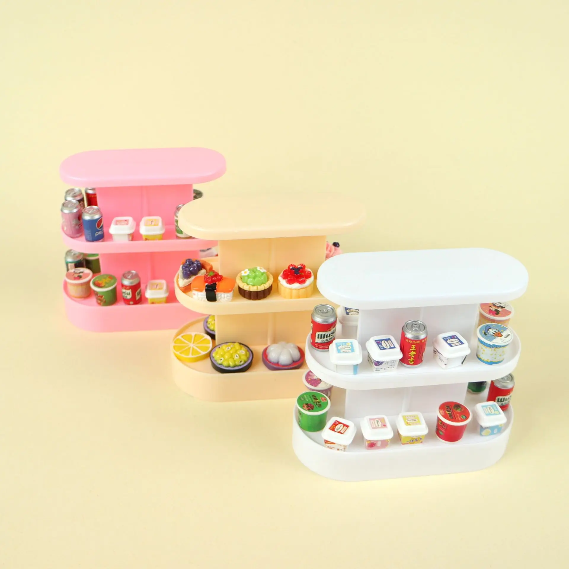 Food toy miniature display shelf cabinet, desktop DIY supermarket scene ornament, multi-layer storage decor