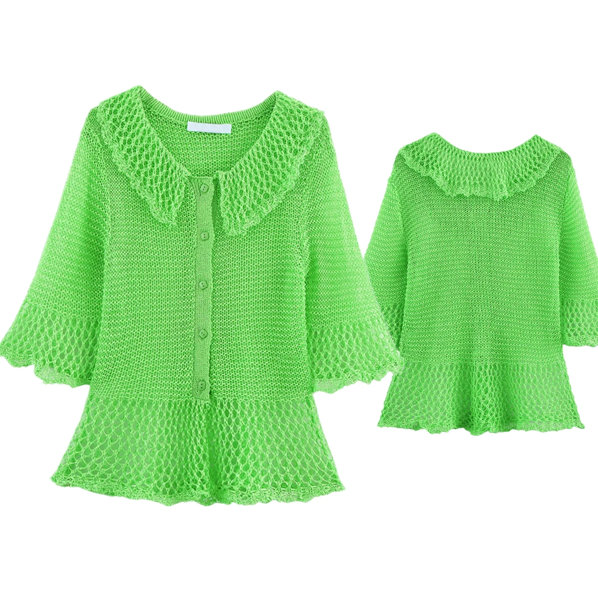 

Dave&Di French Lazy Green Jacquard Crochet Knitted Shirt Elegant Flared Sleeves Ruffle Edge Short Sleeved T-shirt Women Tops