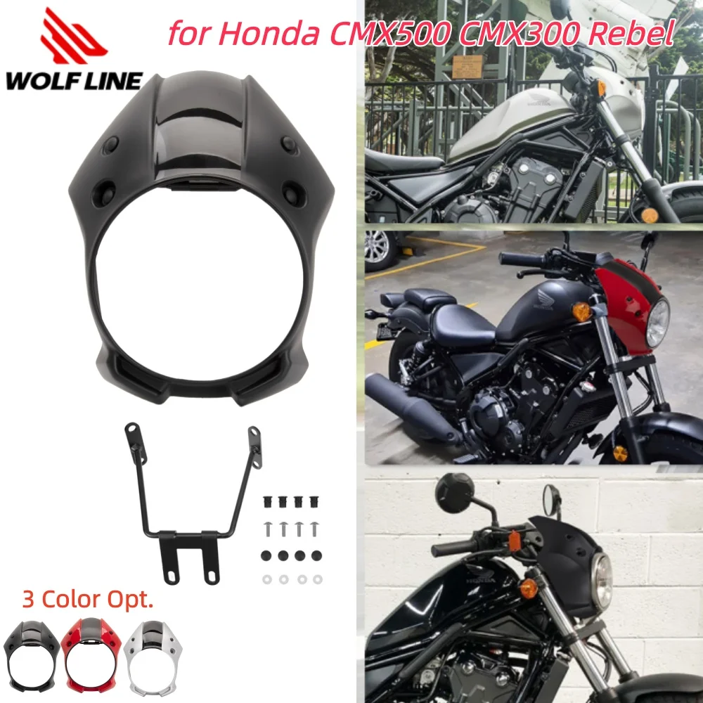 

Wolfline Motorcycle Front Headlight Mask Cover with Bracket for Honda CMX500 CMX300 Rebel 2018-2025 Moto Head Light Fairing Cowl