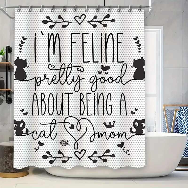 Black White Cat Shower Curtain Decor with Feline Heart Mom Love Quote for Bathroom Accessories Home Textiles Decoration (180x195