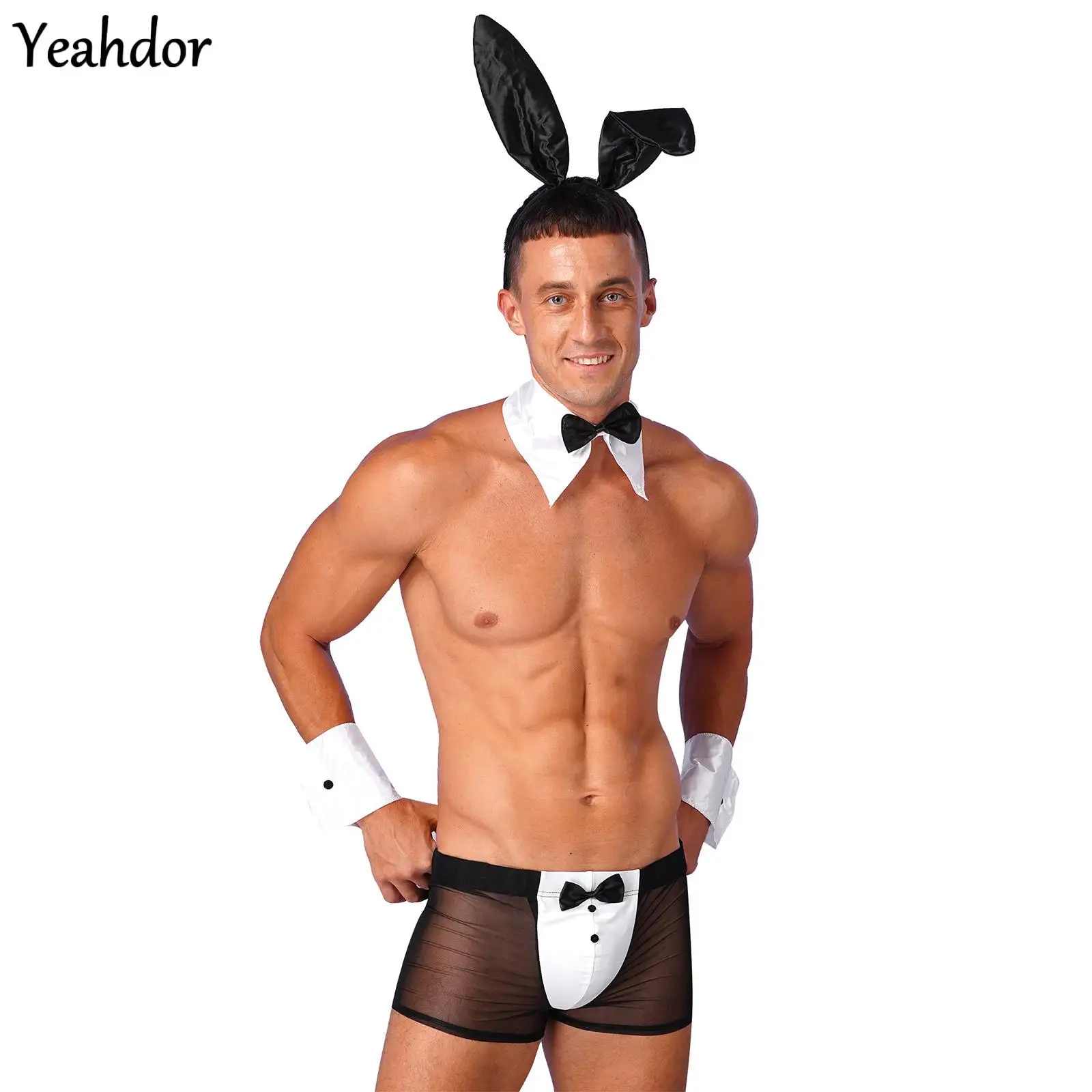 

Men Bunny Sexy Costume Waiter Cosplay Lingerie Set See Through Boxer Briefs with Bunny Ears Headband Collar Cuffs Tuxedo Outfits