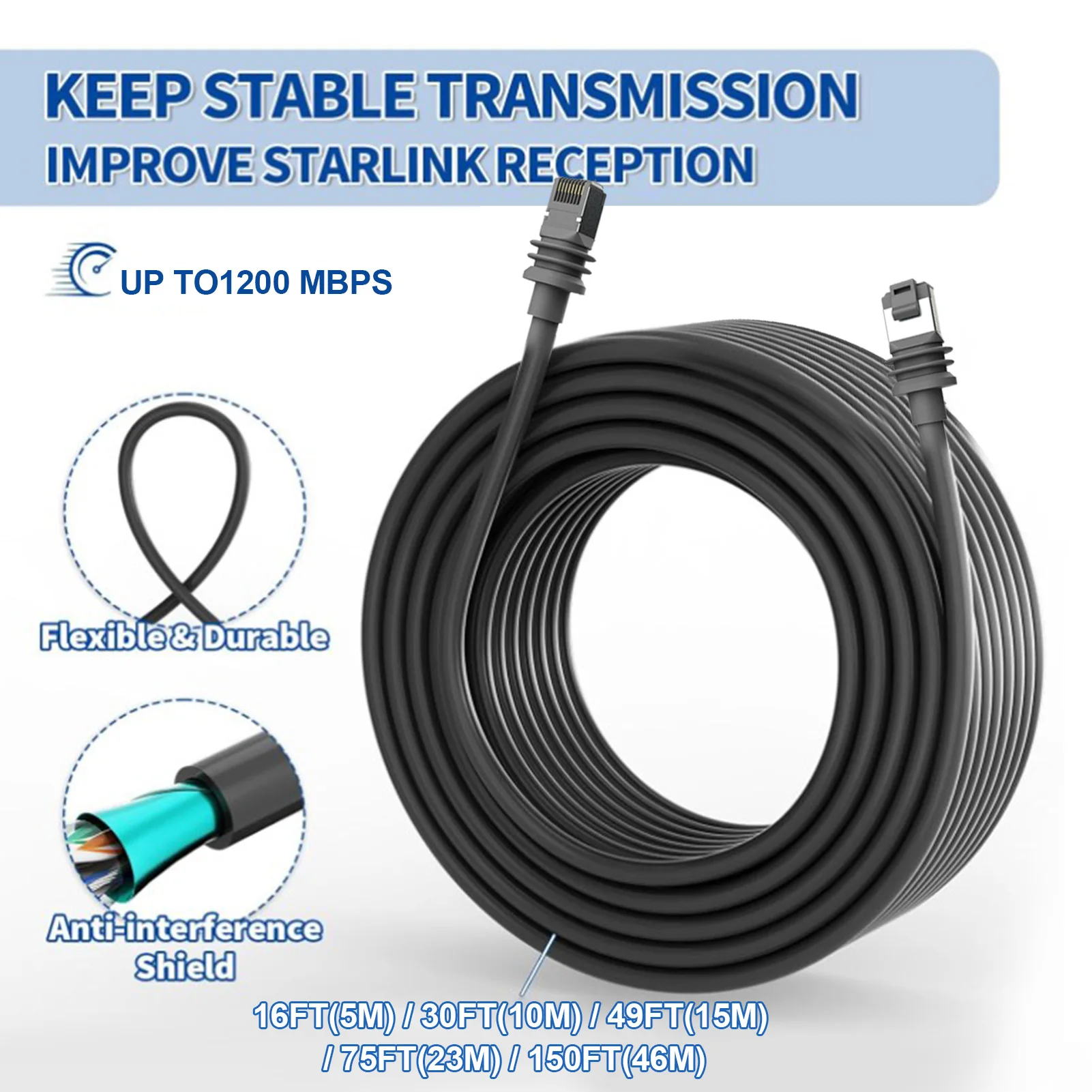 

for Starlink Cable IP68 Waterproof 1200Mbps Smooth Transmission Extender Cable for Starlink Rectangular Satellite Gen3