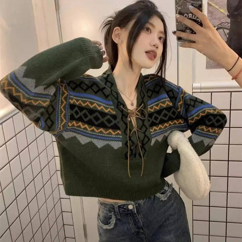 Women's 2026 Autumn Winter Vintage Ethnic Crochet V Neck Color Block Drawstring Knit Sweater Loose Warm Chic Coquette Mujer