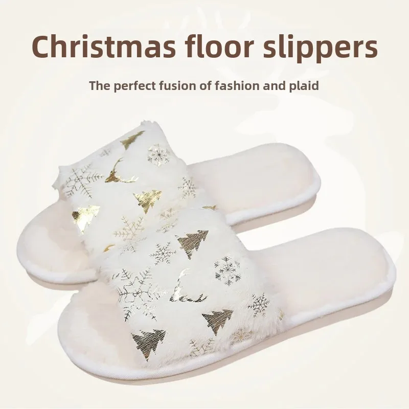 Pantoufles de noël en peluche pour femmes, pantoufles chaudes à fond plat et à bout ouvert, confortables au sol, chaussures de maison douces et moelleuses