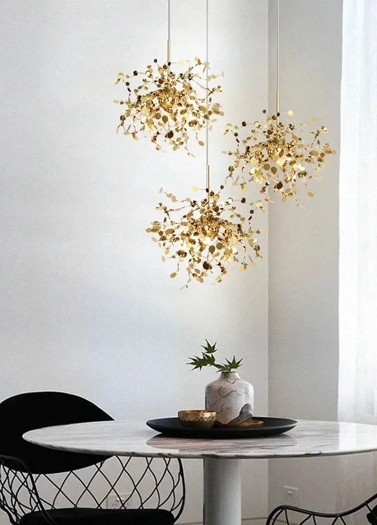 

Nordic Modern Personality Stainless Steel Chrome Leaf LED Chandelier Living Room Lamp Bar Table Dining