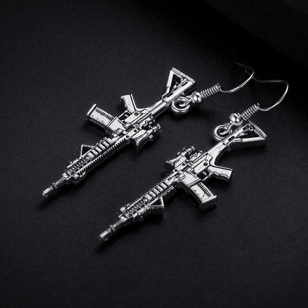 Trendy Vintage Rifle Gun Shape Dangle Antique Silver Plated Earrings for Women Girl Retro Drop Earrings Cute Earring Jewelry